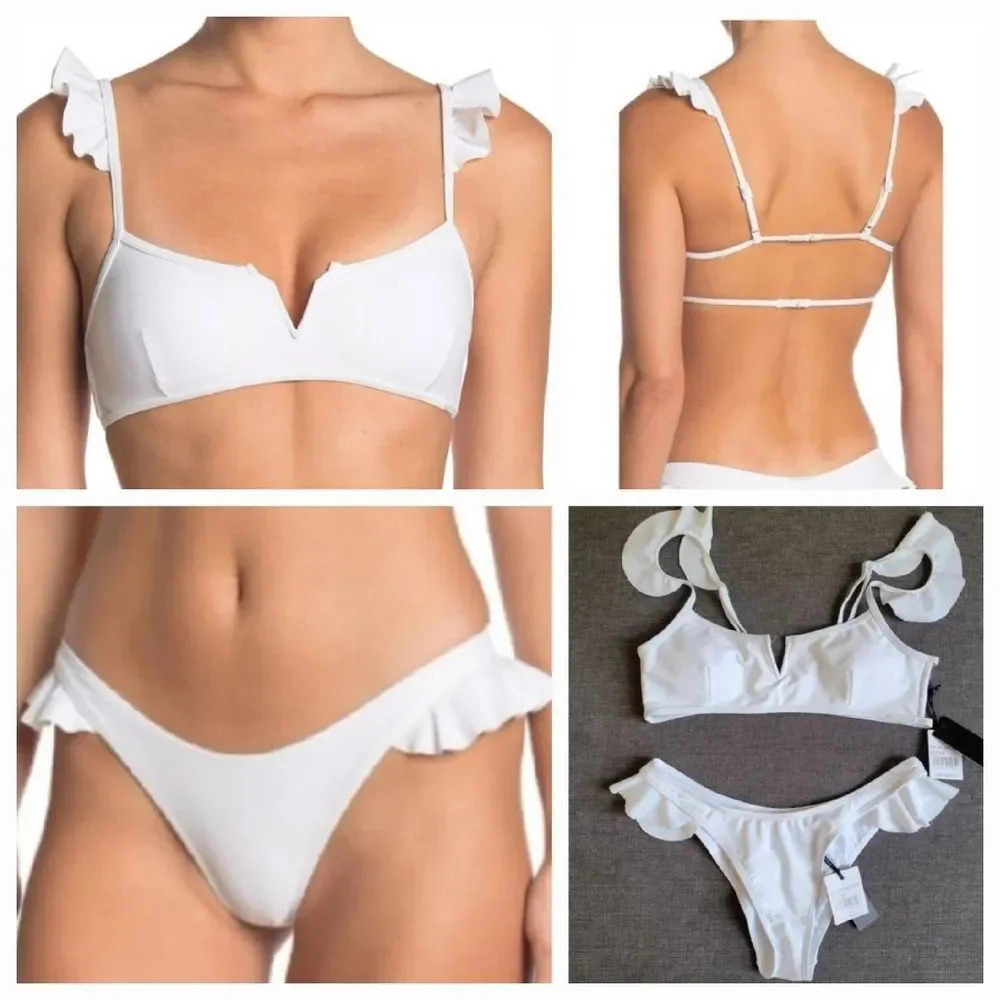 Kendall & Kylie Women White Ruffle Strap Bikini Top & Bottom Size Medium